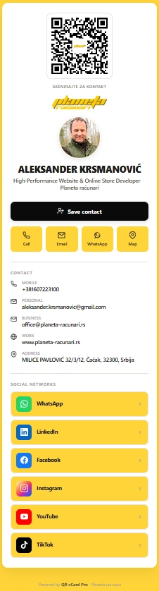 Live preview of Aleksander Krsmanović's QR vCard, the plug-in author